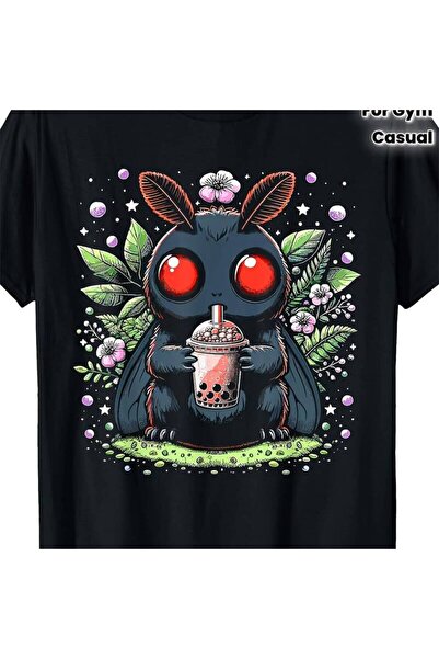 LİNA06 Mothman Boba Tea Cute Graphic T-Shirt - Comfortable, Round Neck Men.an...
