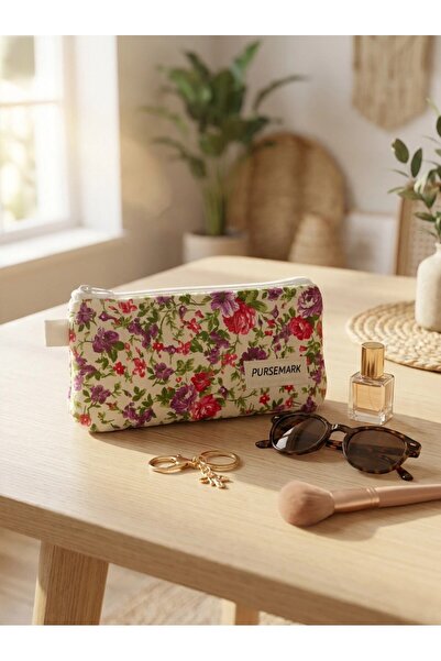 PURSEMARK BEJ Çiçek Desenli Fermuarlı Kalemlik Gözlük Kılıfı