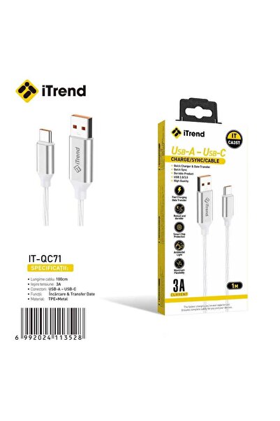 itrend Cablu USB-A la USB-C iTrend, 1 m, Încărcare Rapidă 3A, TPE + Metal, Alb