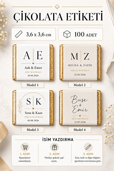 LecaTTe Kişiye Özel Madlen Çikolata Etiketi Nişan Düğün Söz Nikah İsimli Bask...
