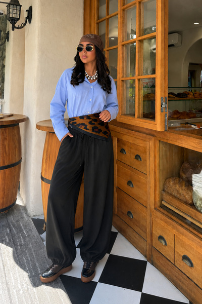 Seeh Black Shalwar Trousers with Lace-Up Waist and Elastic Cuffs Sh390