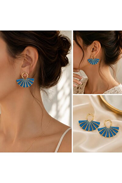 shop Mavi Yelpaze Formlu Gold Kadın Küpe – Geometrik Sallantılı Yazlık Küpe