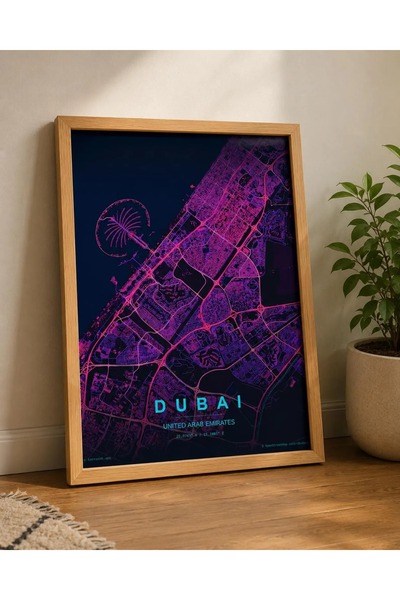 HOME MODE 50x70 cm / 19.6x27.5 Inch Dubai Neon City Map | Black Floating Fram...