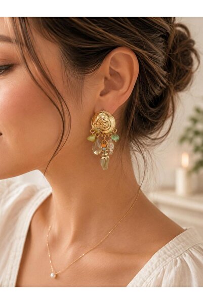 shop Gold Madalyon Kristal Taşlı Bohem Sallantılı Kadın Küpe