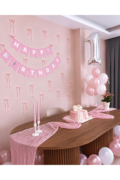 HAPPYLOOPPARTY مجموعة زينة عيد ميلاد وردية اللون لعمر سنة واحدة، بالون فويل ف...