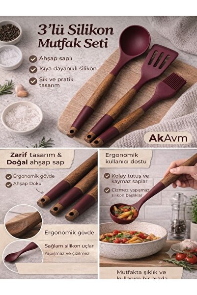 Ak Avm AkAvm Isıya Dayanıklı Silikon Servis Seti - Ahşap Saplı 3 Parça Kepçe ...