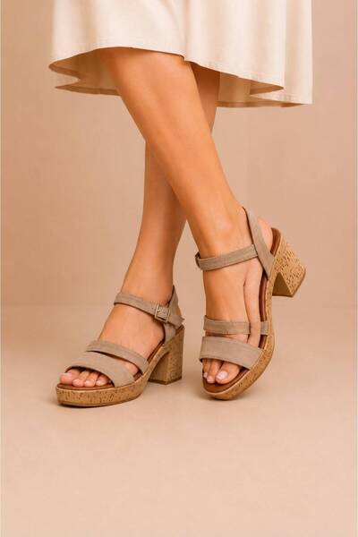 KS KADİR SARAÇ Women's Leather Suede Double Strap Platform Thick Heel Sandals
