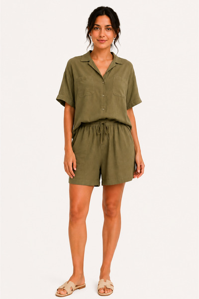 Sibel Günay Butik Lemon Mold Green Tencel Shirt Shorts Set Women's Two-Piece ...