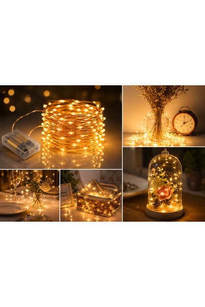 BLUE SİDE Peri Led Işık 5 Metre Pilli Sıcak Beyaz Dekoratif Bakır Tel Led Zincir Işık Ev Oda Yılbaşı Parti Süsü