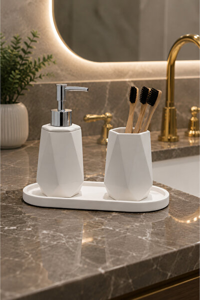 Lyzovi 3 Parça Mermer Desenli Sade Beyaz Premium Banyo Seti | Sabunluk, Fırça...