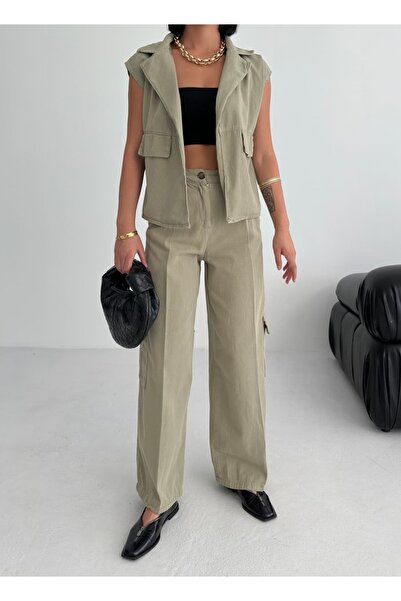 Lizay Dress Kadın Gabardin Keten Gömlek Yaka Kolsuz Cep Detaylı Önü Açık Yelek