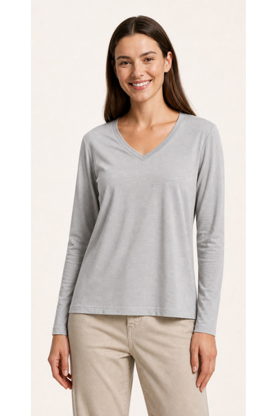 İncili Women's V-Neck Long Sleeve Single Jersey Combed Cotton Slim T-Shirt - ...