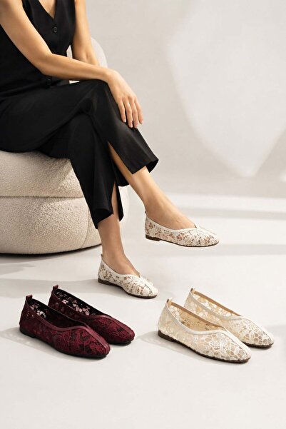 dabab shoes Floria Dantel Women's Flat Babet Lace Woven Floral Patterned Eleg...