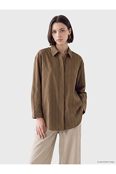 LC Waikiki Lcw Modest Brown Striped Modal Blended Women's Shirt Tunic