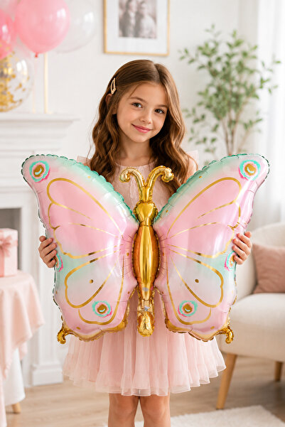 Baloncu Nene 80 Cm Pembe Gold Kelebek Folyo Balon – Kız Çocuk Doğum Günü Part...