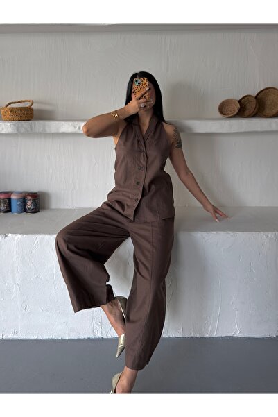 LB Laluna Butik Women's Linen Vest and Shalwar Pants Set