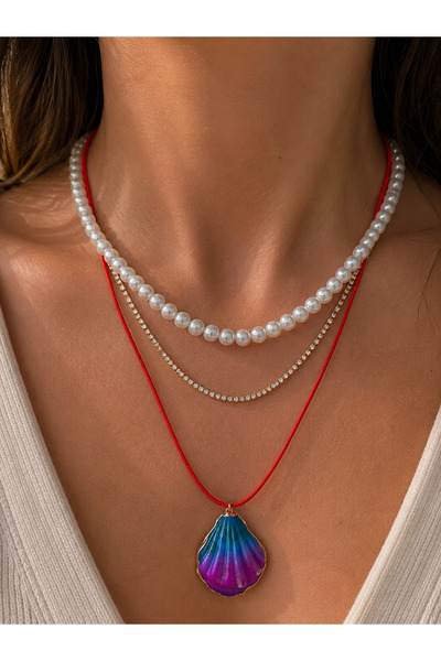 PURE BERRY Pearl Sea Shell Waterway 3-Piece Set Necklace