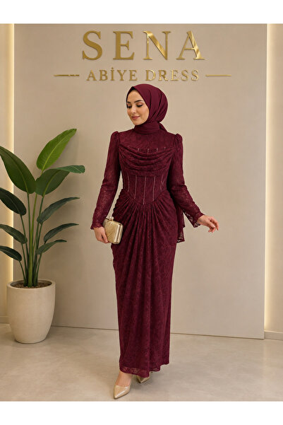 Sena Abiye Dress VELORA BORDO KORSE ABİYE