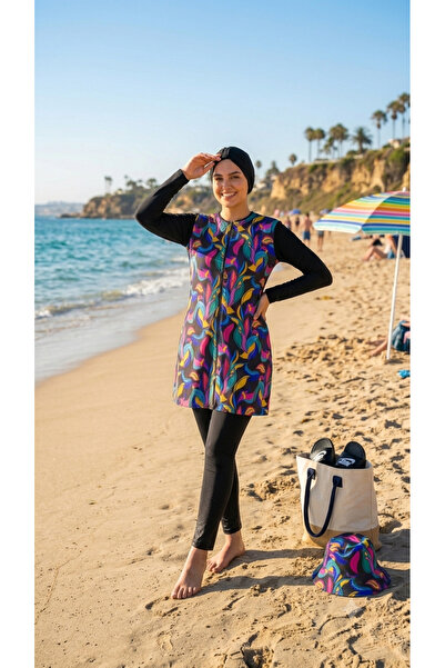 EB beachwear Siyah zemin üzerine Rengarenk desenli paraşüt kumaş tesettür may...