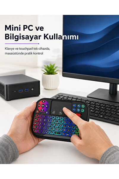 Yellowtech RGB Işıklı Mini Kablosuz Klavye Touchpad Combo, Bluetooth ve 2.4G Smart TV Kumandası