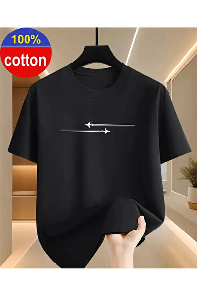 EYMORA Black Minimal Airplane Printed Unisex T-Shirt – Modern Aviation Design...