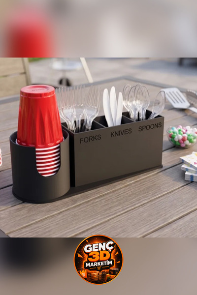Genç 3D Parti Tipi Bardak ve Çatal Kaşık Düzenleyici Stand - Plastik Bardak v...