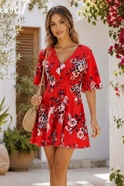 Mossta Short Sleeve V-Neck Floral Patterned Single Jersey Dress - Red