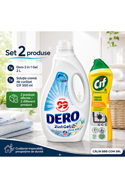 Dero Set 2 produse – 2 în 1 Gel Iris Alb detergent de rufe 2 L + Cif Cleanboo...