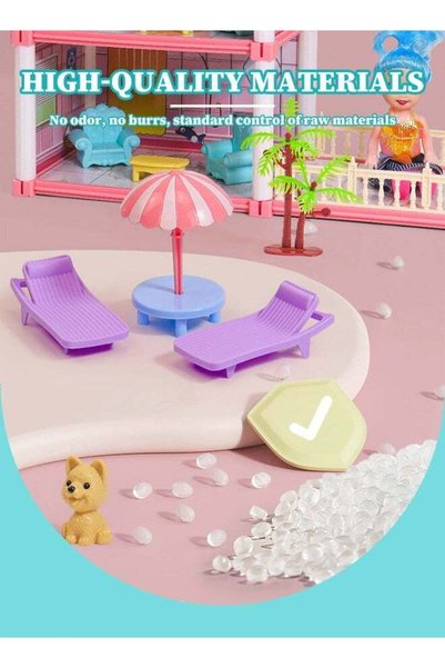 Joudiplay مجموعة بيت الدمى الضخم المكونة من 3 طوابق مع 8 غرف و3 دمى، تتضمن مطبخ، غرفة نوم، أثاث، حديقة، حيوانات أليفة، لعبة تظاهرية للبنات.