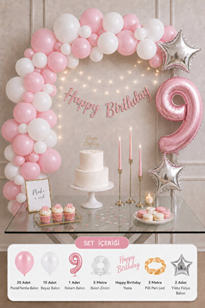 Baloncu Nene 9 Yaş Pastel Pembe Beyaz Kız Çocuk Doğum Günü Süsleme Seti Rakam...