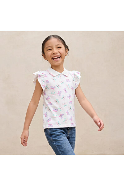 Juniors Collared Ruffle Cap Sleeves Polo T-shirt with Bow Print