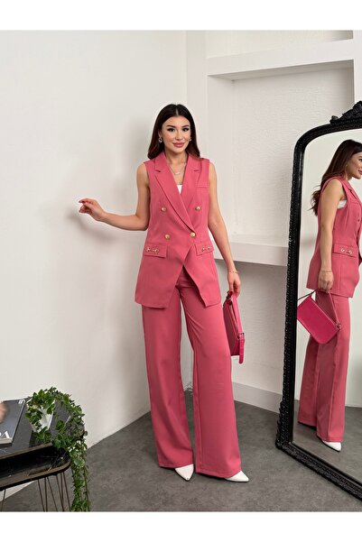 MiraMore Butik طقم سترة نسائية بدون أكمام بصفين من الأزرار وبنطلون واسع الساق