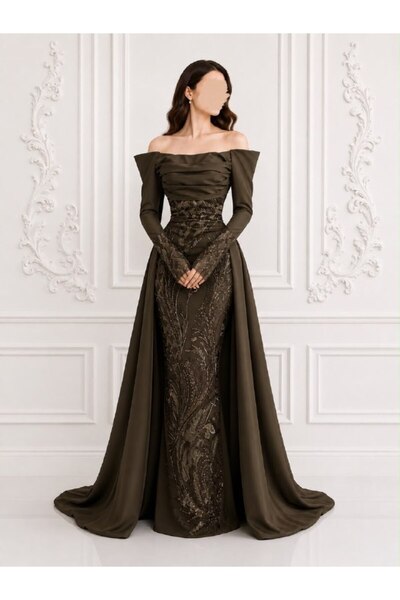 ranin Dark Brown Evening Dress with Taffeta Tail Embroidery