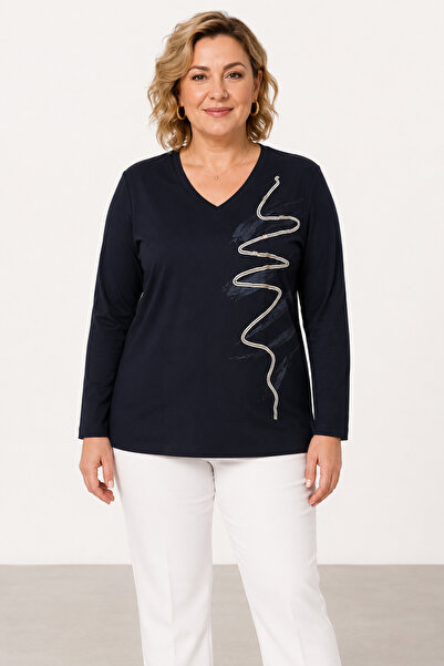 bihan store V-Neck Long Sleeve Front Zigzag Line Embroidered Women's Combed C...