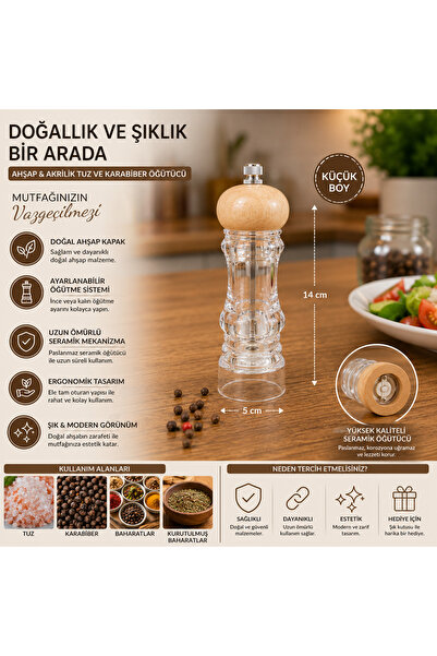 Ahşap Kapaklı Şeffaf Tuz ve Karabiber Öğütücü 14 cm Küçük Boy