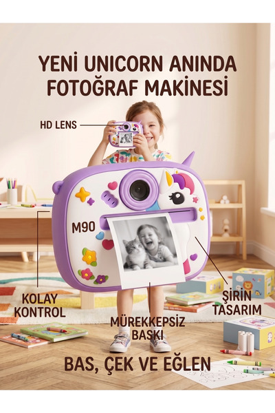 M90 Şipşak Çocuk Fotoğraf Makinesi - Mürekkepsiz Termal Baskılı HD Dijital Ka...