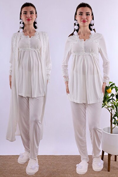 ByLohusa Adjustable Waist Elastic Long Dress Maternity Pajama Set Effortt -Ecru