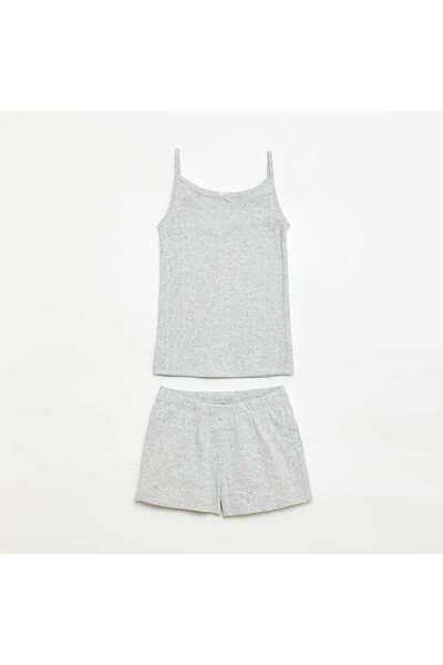 KIABI Patterned Tank Top & Shorts Pajama Set - 2 Pieces GREY