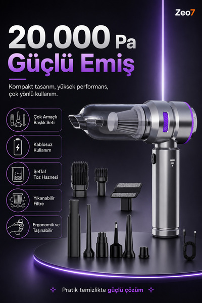 Zeo7 Güçlendirilmiş Bataryalı, 20.000 Pa Yüksek Emiş Gücüne Sahip Kablosuz Va...