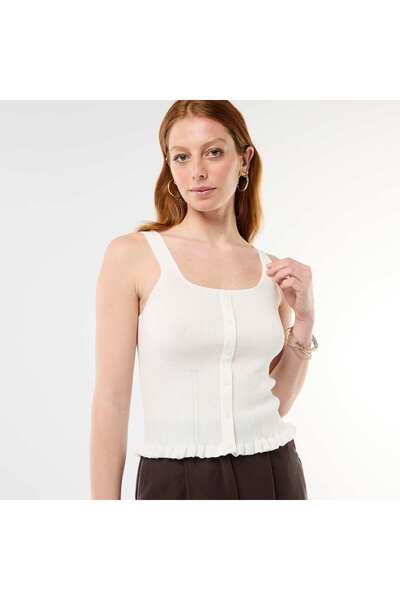 KIABI Ribbed Tank Top with Faux Button Front WHITE