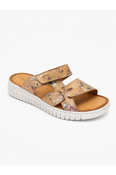 Castle Black Flower Genuine Leather Women's Slippers -Beige-Comfortable for D...