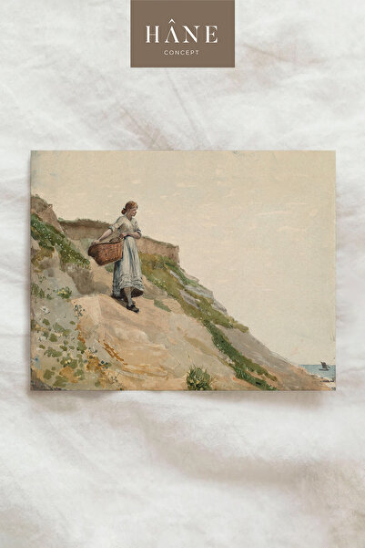 Vintage Beach Woman Poster, Peasant Woman with Basket and Sea View
