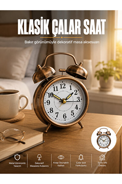 Clevora Metal Bronz Nostaljik Masa Saati Alarmlı Büyük Boy Sessiz Mekanizmalı