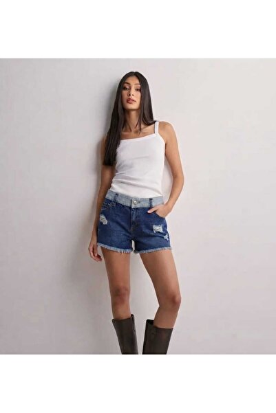 BeHill Be Hill Kadın Çift Renk Bel Detaylı Yırtık Püsküllü Denim Şort