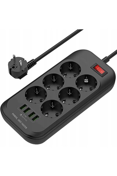 LDNIO Priză multiplă SE6403 cu 6 prize, 4 x USB, 2 metri, negru, AC 100-250V