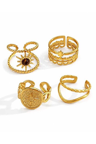 Nevara 4-Piece Set of Trendy Gold-Plated Women's Rings with Varied Designs – ...