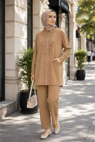 Puane Women's Zippered Double Pocket Two-Sleeve Stone Detailed Trouser Suit