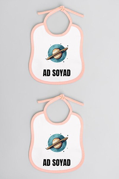 lili hediyelik Saturn Printed 2-Piece Linen Pink Baby Bib - Baby Bib, Baby Bi...
