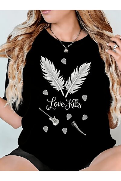Ekim11 تي شيرت نسائي بتصميم Love Kills Guitar Mic، مريح برقبة دائرية، قابل لل...