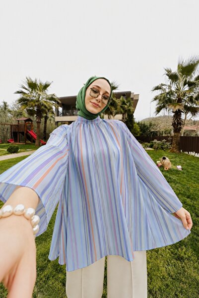 Lunfia Hakim Yaka Çizgili Astarlı Oversize Tunik - Açık Mavi